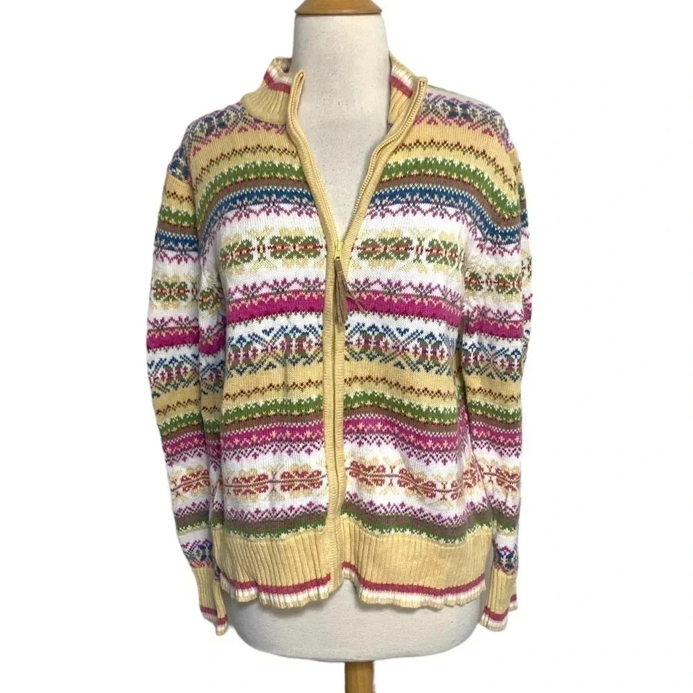 Vintage Carly St. Claire L yellow + multicolor fair isle‎ zip front cardigan